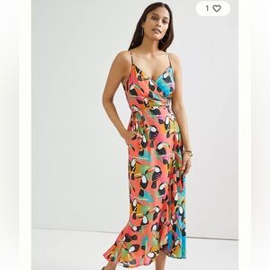 NWOT Farm Rio Tropical Toucan Wrap Maxi Dress - Coral Multi